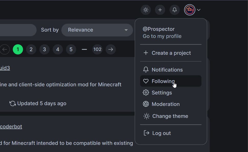 The new 'Following' button in the profile dropdown